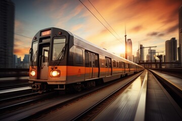 Fototapeta premium Train against a city background transportation railway vehicle.