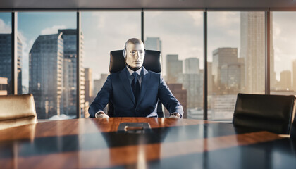 Fototapeta premium Futuristic Humanoid Robot CEO Sitting At Head Of Boardroom Table In Luxury Office