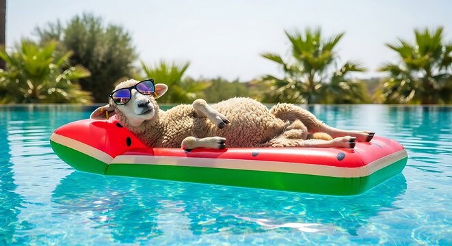 A sheep lounges on a watermelon float in a pool, wearing sunglasses, enjoying summer fun