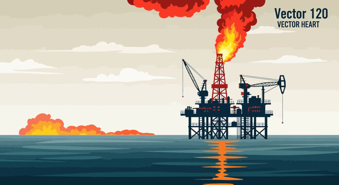 Offshore oil rig platform with large flame and smoke, industrial sea landscape