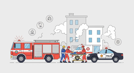 Emergency Response: Fire Truck, Ambulance, Police Car, and Medical Team Saving Life © Leo