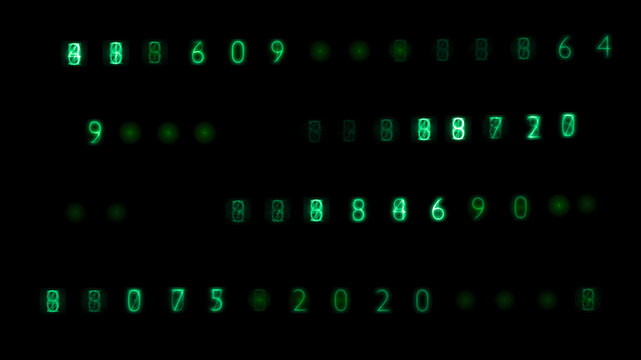 glowing green digital numbers code texture on black background abstract matrix glitch data cyber technology hacker countdown interface hud futuristic display