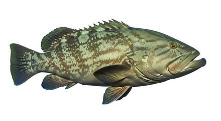 Fototapeta premium Vibrant portrait of a large Atlantic black grouper fish showcasing intricate patterns, isolated on clean background