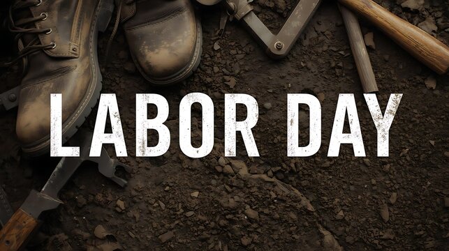 Labor day text over work boots and tools on the ground with construction industry celebration patriotic appreciation typography commemoration tradition honoring craftsmanship