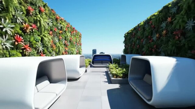 Lush green wall on modern building rooftop with urban view