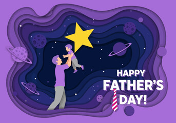 Happy Father's Day Paper Cut Illustration of Father Lifting Son to the Stars in Space © Anung