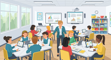 Fototapeta premium Modern Classroom with Students Using Tablets and Interactive Whiteboards