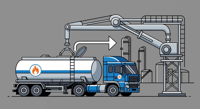 Fuel Tanker Truck Unloading at Refinery Industrial Facility