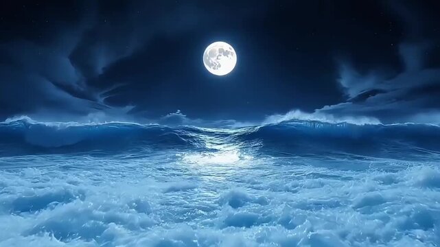 A full moon glows over crashing waves in a cinematic blue midnight sea landscape.