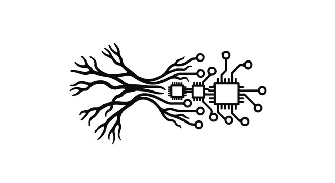 Microchip circuitry branching out like organic tree roots represents the convergence of biological systems and advanced digital technology in a conceptual exploration of future artificial.