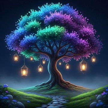 Enchanted Tree with Lanterns and Vibrant Foliage in a Mystical Landscape.