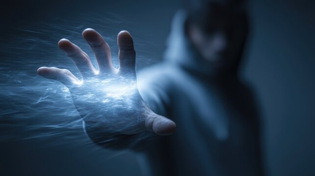 A person extends their hand with glowing, electric-like energy emanating, set against a dark, blurred background for a mysterious and powerful effect, Post Interface World AI technology