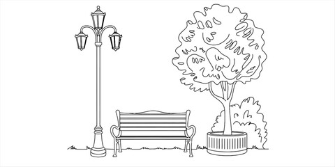 A black and white line art illustration showing a park bench beside a street lamp and a tree Vector, illustration © Kanu Art_Gallery