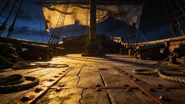 Empty pirate ship deck at night with cannons.
