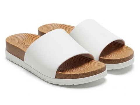White leather sandals with cork soles displayed on a white background
