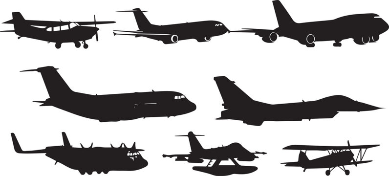 A collection of various airplane silhouettes against a white background