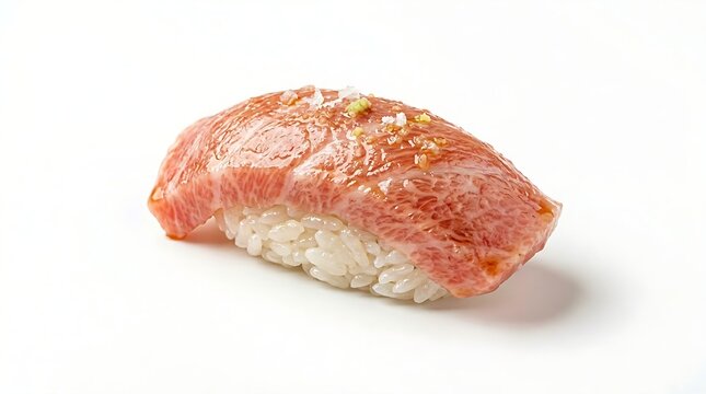 Premium Wagyu beef nigiri sushi with sea salt and wasabi garnish isolated on minimalist white background high-end Japanese cuisine studio shot