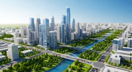 Obraz premium A high-angle tilt-shift view of a vibrant miniature city featuring tiny colorful cars, glass skyscrapers, green parks, and toy-like bridges, aerial view, bright, sunny