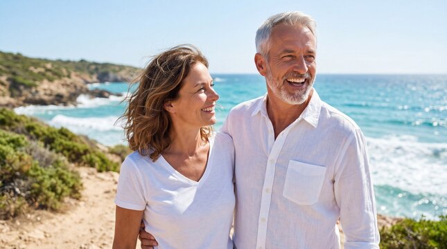 Happy senior couple walking on beach path, enjoying sunny day, laughing and looking at each other with love and affection, beautiful ocean view in background.