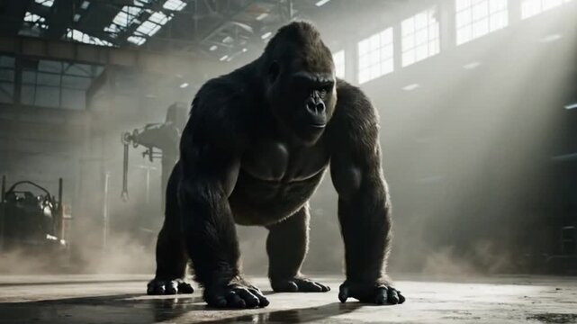 Muscular gorilla standing in a moody industrial warehouse with dramatic cinematic lighting.