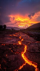 Fototapeta premium Majestic Lava Flow Under Dramatic Sunrise Sky in Volcanic Landscape