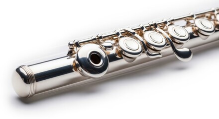 Obraz premium A silver flute captures light with ultra-sharp detail on the mouthpiece while the body dissolves into a soft, dynamic motion blur effect, shadows, rhythm, texture