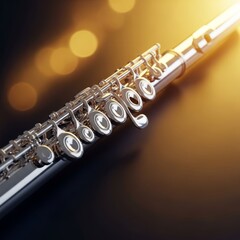 Obraz premium A silver flute rests on a dark surface, lit by a warm golden glow with soft bokeh highlights and gentle blurring of background tones, elegant, bokeh, polished