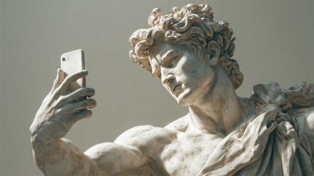 古典彫刻がスマートフォンを持つ姿。現代と歴史の融合を表現するイメージ素材。