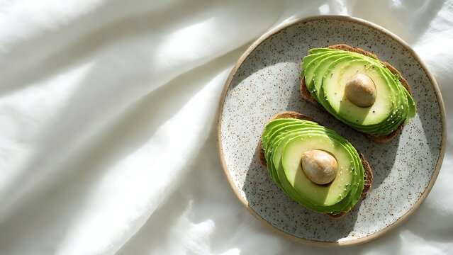 Avocado toast with pits and seasoning on white crumpled sheet