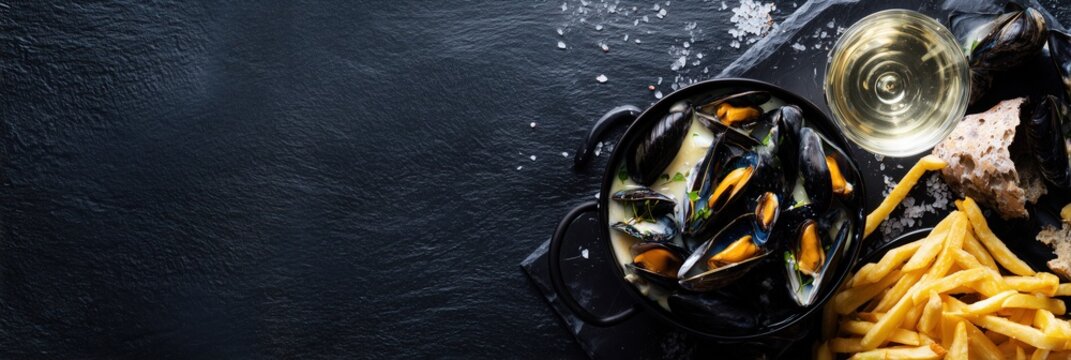 Moules frites, classic seafood meal, presenting steamed mussels, crispy french fries, and white wine on slate