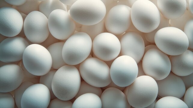 たくさんの白い卵が重なっている様子。料理や食材のイメージに最適な素材。