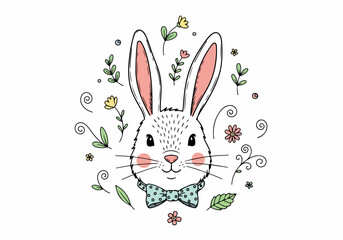 Obraz premium Charming vector illustration of a cute rabbit adorned with a bow tie and surrounded by delicate floral elements