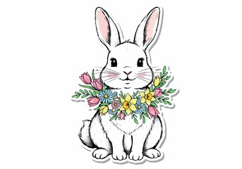 Fototapeta premium Vector illustration of a cute white rabbit wearing a floral crown, perfect for Easter and spring celebrations