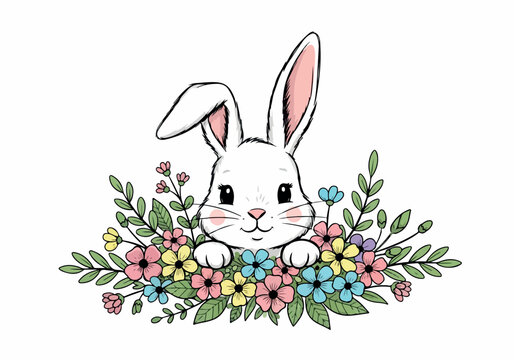 Vector Illustration of a Cute Easter Bunny Peeking Through a Vibrant Garland of Spring Flowers, Rabbit Art