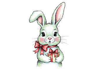Fototapeta premium Vector illustration of a cute white rabbit with a red ribbon, holding a gift box, celebrating Easter, a delightful and charming cartoon bunny character for seasonal designs