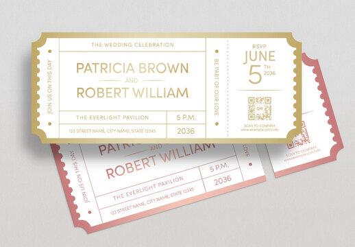 Wedding Ticket Invitation Template, Elegant RSVP Card, Entry Pass, Save The Date Invite Design