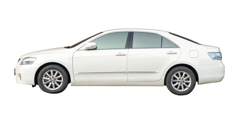 Obraz premium Left side view of white sports sedan car isolated with clipping path in png file format