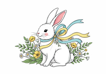 vector illustration of a cute white rabbit with a bow adorned with spring flowers, perfect for Easter and nature themes © FRIDA STORE