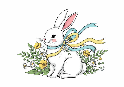 vector illustration of a cute white rabbit with a bow adorned with spring flowers, perfect for Easter and nature themes