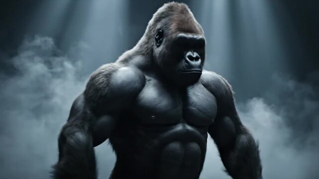 A muscular gorilla posing powerfully in a dark smoky studio with dramatic cinematic spotlights.