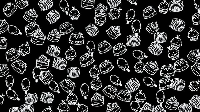 Doodle food black background with whimsical white drawings of delicious desserts. Suitable for food blogs, menus, and social media posts.