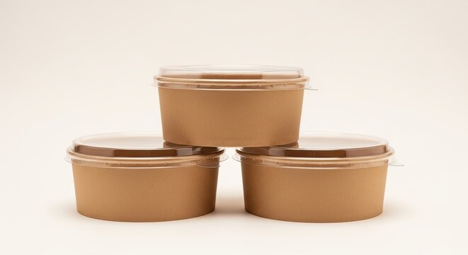 Kraft paper food containers mockup for packaging and branding, with transparent lids, on white background