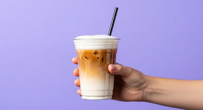 Iced coffee in hand for cafe menu, branding and advertising with drink in plastic cup, layered beverage with foam against violet backdrop