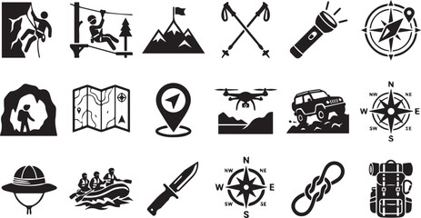 Summer Extreme Adventure And Mountain Hiking Nature Icon Set © Tanbir