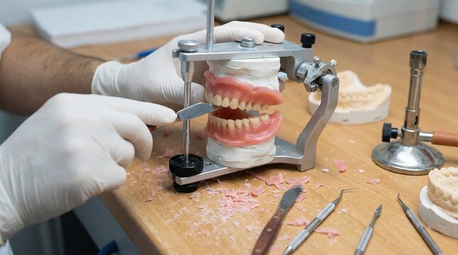 Dental technician working on denture models using an articulator in a laboratory.