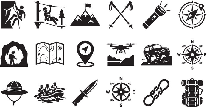 Summer Extreme Adventure And Mountain Hiking Nature Icon Set