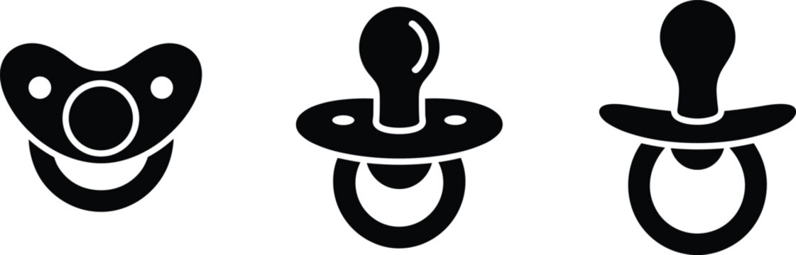 Three black silhouette icons of baby pacifiers on a white background infant soother
