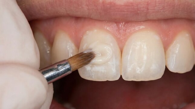 Dentist applying composite resin to front tooth during dental restoration procedure.