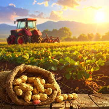 Harvested peanuts with tractor on field