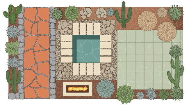 Top view of a modern desertstyle backyard landscape design with a fire pit, square pool, and cacti
